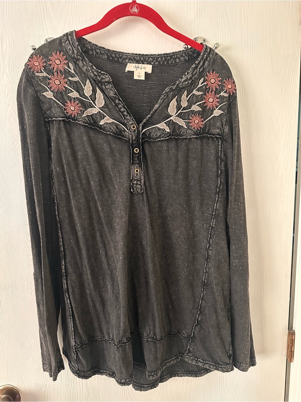 Style & Co. Black Long-Sleeve Henley Top with Pink Floral Embroidery